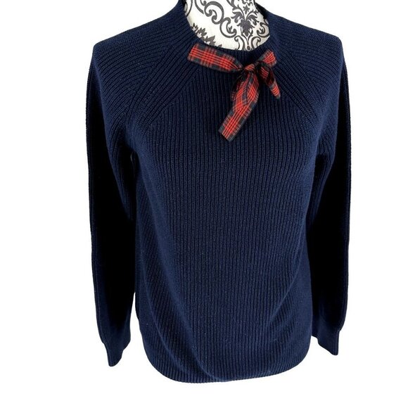 J. Crew Mercantile Navy Blue Red Plaid Bow Tie Pullover Sweater Size Medium - Picture 1 of 8
